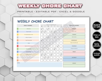 Fillable Editable Weekly Chore Chart for Kids | Kids Weekly Responsibility Chart | Kids Chore List|Kids Daily Routine Checklist|Daily Chores
