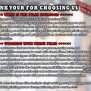 May include: Text-filled image with the phrases "THANK YOU FOR CHOOSING US" and "PLEASE COMMENT AND GIVE US 5 STARS". The text describes digital download files, their uses, and compatibility requirements for various projects like t-shirt printing and home decor.