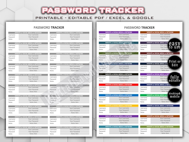 Fillable Editable Password Tracker | Printable Password Tracker | Password Log | Password List | Password Keeper | Password Organizer image 1