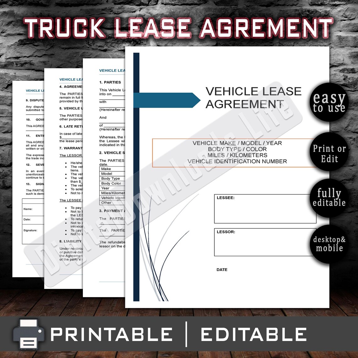 Truck Lease Agreement Template. PDF Fillable & Printable. Editable Ms