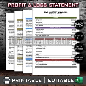 May include: A stack of printable profit and loss statement templates. The documents feature a detailed breakdown of revenue, cost of goods sold, expenses, and net profit. The design includes text such as "Profit & Loss Statement" and "Printable | Editable".