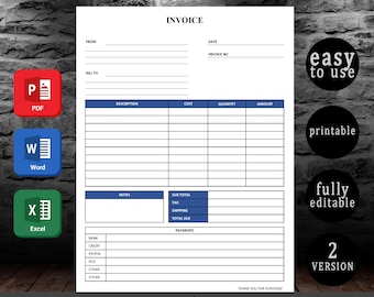 Invoice Template | Editable PDF , Word , Excel | Printable  Fillable Invoice Form | Instant Digital Download (2 Versions) invoice template