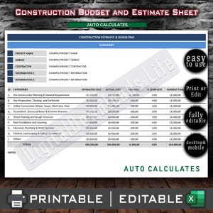 Könnte beinhalten: Druckbares und bearbeitbares Bau-Budget- und Kostenvoranschlag-Formular. Das Dokument enthält Abschnitte für Projektname, Adresse, Auftragnehmer und Kostenaufschlüsselungen. Funktionen umfassen automatische Berechnung und mobile Kompatibilität.