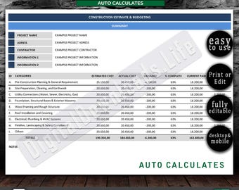 Construction Budget and Estimate Template | Construction Bid Spreadsheet Template Excel, Google Sheets | Construction Cost Tracker Worksheet