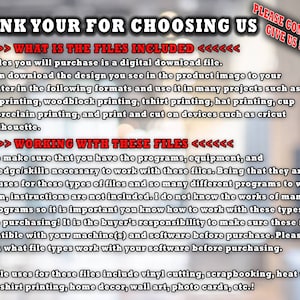 May include: A digital download file with text that reads "THANK YOUR FOR CHOOSING US." The text also includes information about the file formats, uses, and buyer responsibilities. Possible uses include vinyl cutting, scrapbooking, and t-shirt printing.