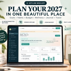 以下が含まれることがあります： Life Compassという2027年デジタルプランナーウェブアプリを表示したノートパソコン。インターフェースには目標、習慣、予算、ウェルネス、ジャーナル、旅行のセクションがあります。テキストには「Plan Your 2027 In One Beautiful Place」と記載されています。
