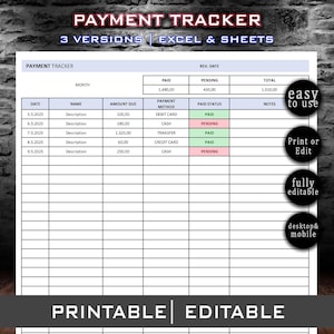 Könnte beinhalten: Ein druckbarer Zahlungsverfolgungsbogen mit dem Text "PAYMENT TRACKER" und "3 VERSIONS | EXCEL & SHEETS". Der Tracker enthält Felder für Datum, Name, fälliger Betrag, Zahlungsmethode und Zahlungsstatus. Zusätzlicher Text umfasst "easy to use", "Print or Edit", "fully editable" und "desktop & mobile".
