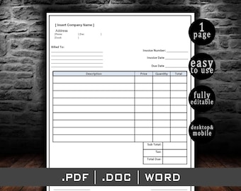 Editable Invoice Template | Printable Invoice PDF | Excel Invoice Tracker | invoice form Template for Small Business