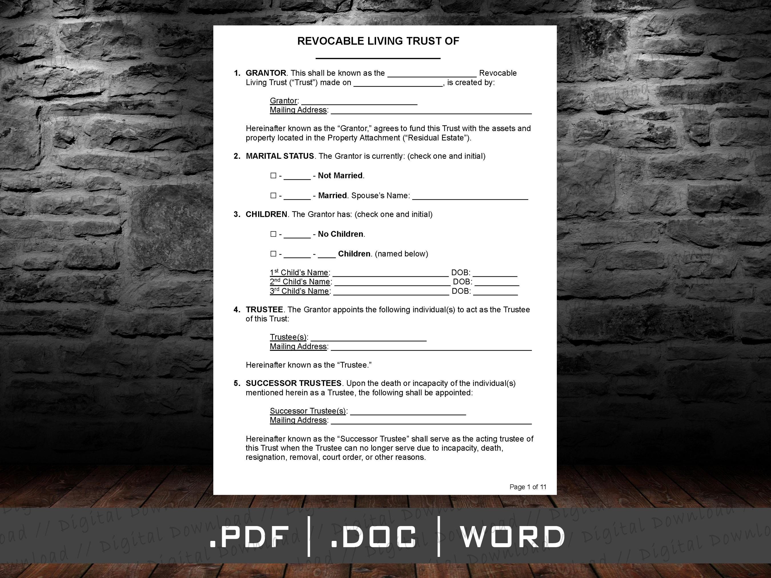 Recovable Living Trust Form - Living Trust Form - Living Trust templates PDF Docx Word, Printable Editable digital download file