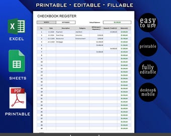Printable Checkbook Register Template - Editable Fillable Printable PDF & Excel