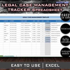 Legal Case Management Spreadsheet for Attorneys, Attorney Case Tracker Spredsheet Template, Excel & Google Sheets, Case Organizer Law Firms