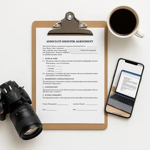 Könnte beinhalten: Draufsicht auf einen Arbeitsplatz mit einem Klemmbrett mit einem Dokument "Associate Shooter Agreement", einer Digitalkamera, einem Smartphone mit einem Dokument und einer Tasse Kaffee. Das Dokument ist auf Englisch.