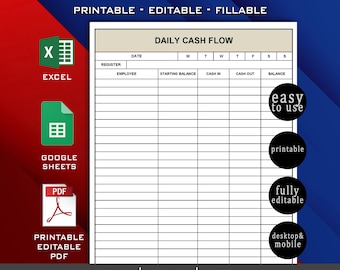 Daily Cash Flow | Business Register In Out Closeout | Cash Log | Reconcile Til Balance Shift | Balance Sheet Drawer Record Form | Cash Count