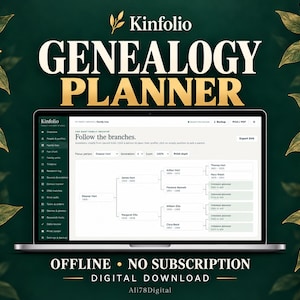 May include: A laptop screen displays the Kinfolio Genealogy Planner software interface, featuring a family tree chart with names and dates. The text reads Kinfolio Genealogy Planner, Follow the branches, Offline, No Subscription, Digital Download, Ali78Digital.