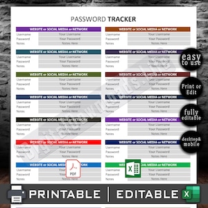 May include: A printable password tracker with sections for website or social media usernames, passwords, and notes. The design includes the text "PASSWORD TRACKER" and is labeled as "easy to use," "Print or Edit," and "fully editable."