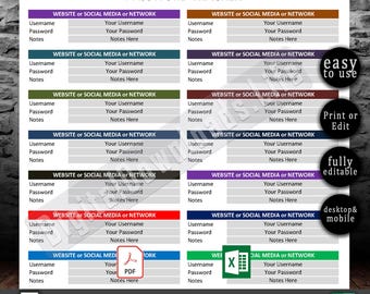 Password Tracker Excel Spreadsheet | Printable Password Organizer & Log | Digital Password Keeper Template - Fillable Pdf - Editable Xls