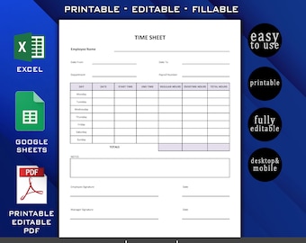 Employee Time Sheet Template | Weekly Timesheet | Printable Editable Excel Google Sheets PDF | Employee Hours Tracker | Payroll Log