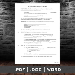 May include: A black and white legal document titled "Roommate Agreement". The document outlines the terms of a roommate agreement, including the parties involved, the premises, the term of the agreement, and the rent.