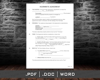 Roommate Agreement Form PDF Docx Word, Printable First Apartment Contract, Digital Flatmate Sheet, Young Adult Living Together Printable