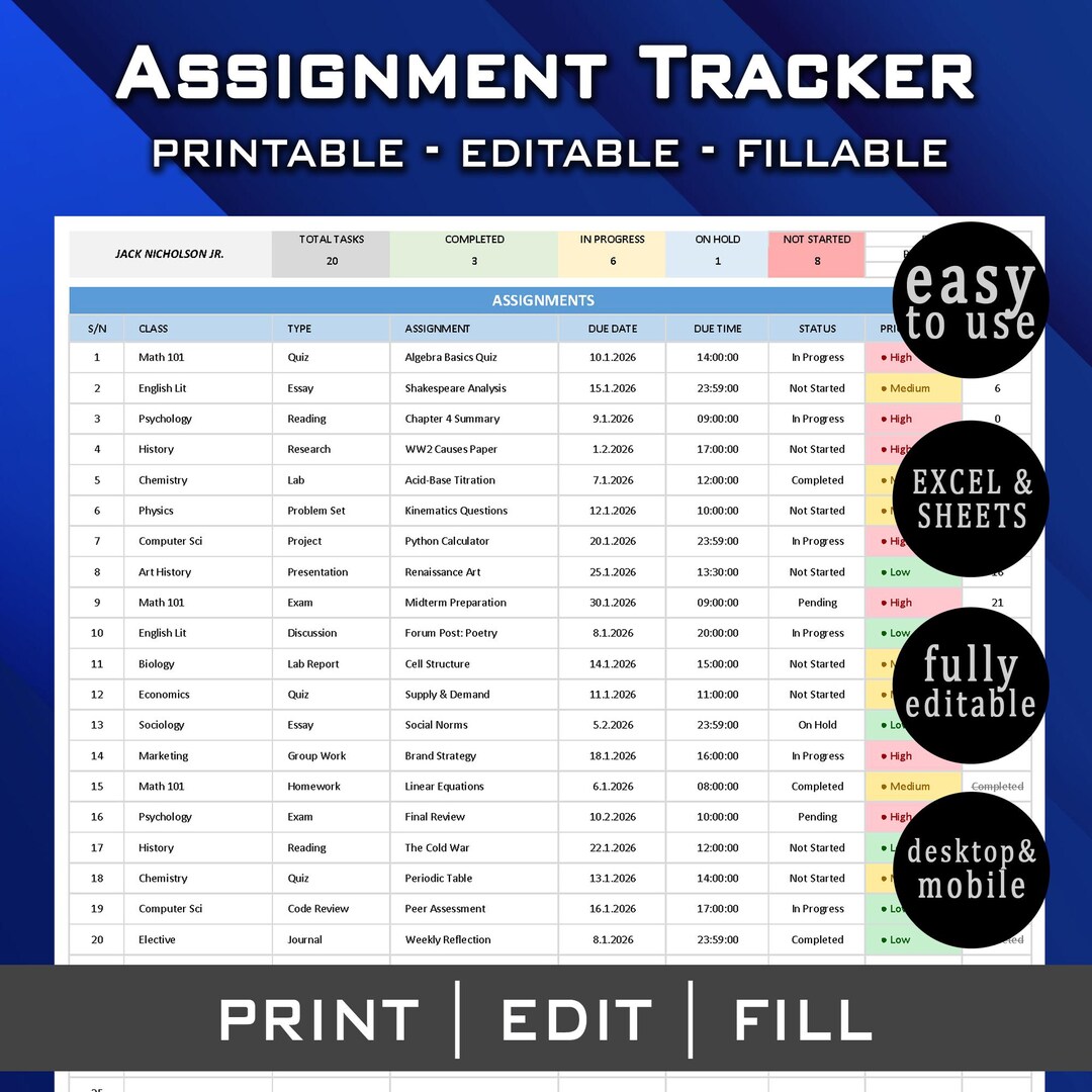Assignment Tracker Spreadsheet | Student Planner Google Sheets Excel ...