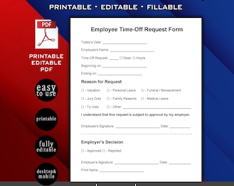 Printable Editable Employee Time-Off Request Form PDF Template. Vacation Request Form. PTO Request Template, Digital Download, Business