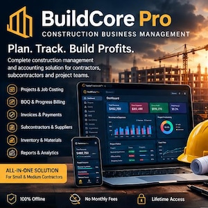 May include: BuildCore Pro construction business management software displayed on a laptop and smartphone. The screen shows dashboards with financial data, project status, and analytics. A yellow hard hat and blueprints are on the desk.