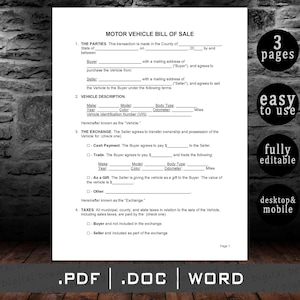 Vehicle (DMV) Bill of Sale Form Pdf Docx Word Motor Vehicle Bill of Sell Agreement Form Editable digital download file, 2025 legal documents