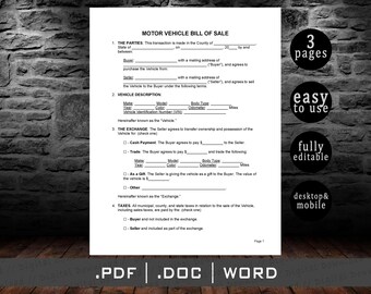 Vehicle (DMV) Bill of Sale Form Pdf Docx Word Motor Vehicle Bill of Sell Agreement Form Editable digital download file, 2025 legal documents