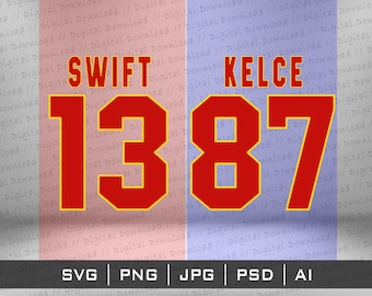 May include: Red and yellow jersey with the name "SWIFT" and the number "13" on the left side and the name "KELCE" and the number "87" on the right side.
