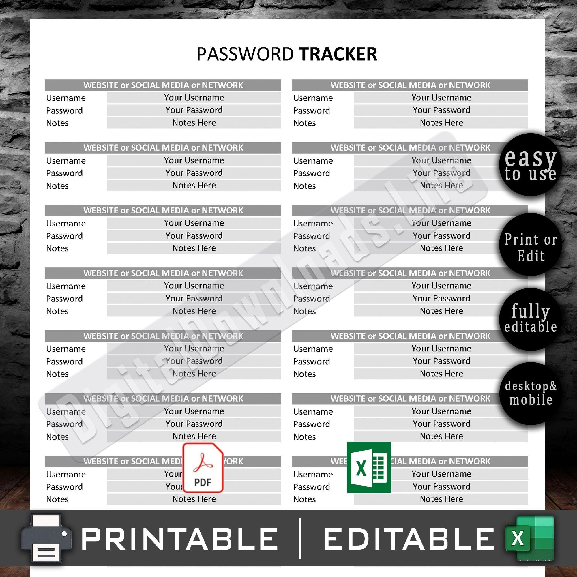 Password Tracker Excel Spreadsheet | Printable Password Organizer & Log ...