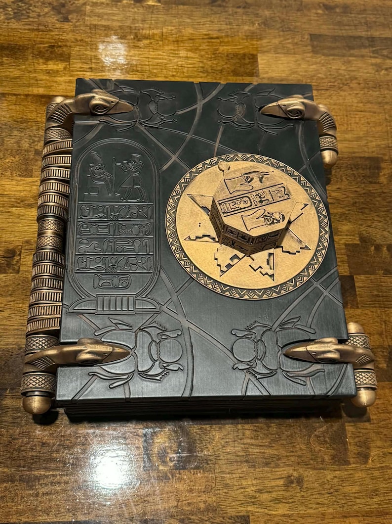 Detailed cover and key placement on Egyptian book inspired collectible