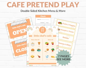 Juego de simulación de cafetería para imprimir, menú de cocina de juguete, juego de cocina de juguete para imprimir