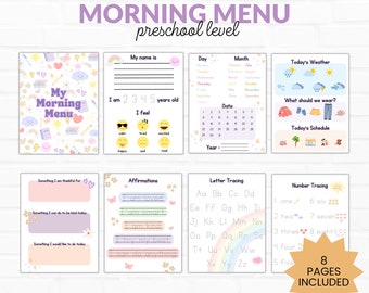 Paquete de menú matutino, educación preescolar en el hogar, actividad de aprendizaje preescolar, libro de trabajo preescolar,