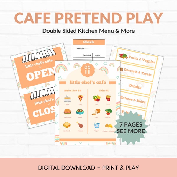 Cafe Pretend Play Printable, Play Kitchen Menu, Pretend Kitchen Printable Set,