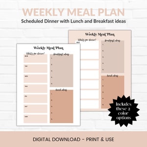 May include: Printable weekly meal planner with sections for breakfast, lunch, and dinner ideas. The planner has a light brown and white color scheme and includes the text "Weekly Meal Plan".