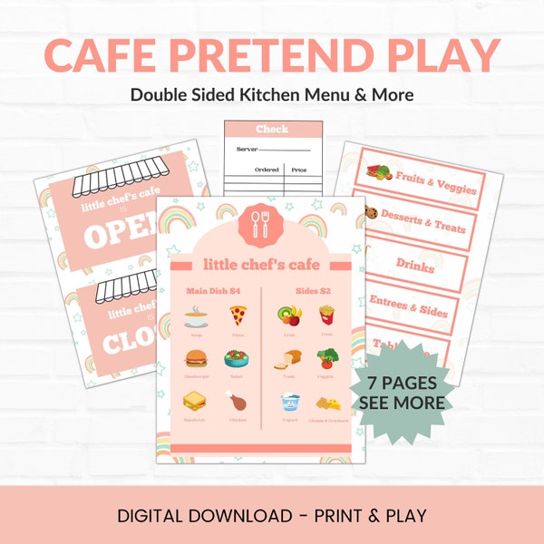 Cafe Pretend Play Printable, Play Kitchen Menu, Pretend Kitchen Printable Set,