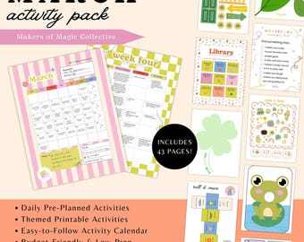 Paquete de actividades de marzo, 26 actividades temáticas planificadas previamente, imprimible del Día de San Patricio, imprimible de primavera,