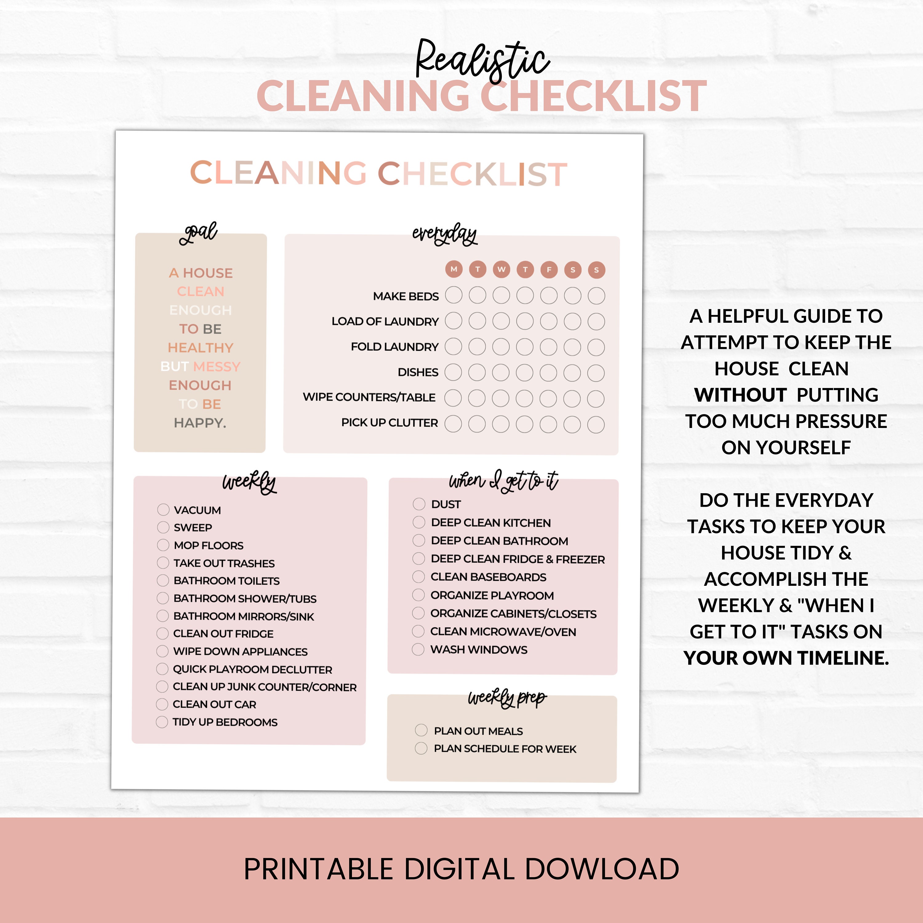 Realistic Cleaning Checklist for Moms, Mom Cleaning Schedule, Simple ...