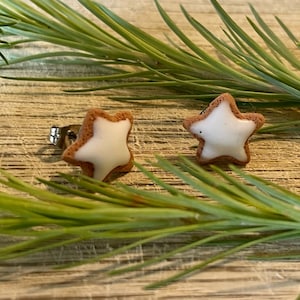 Könnte beinhalten: Ein Paar Lebkuchen-Stern-Ohrringe mit weißem Zuckerguss. Die Ohrringe sind aus Polymer Clay gefertigt und haben silberne Ohrstecker.