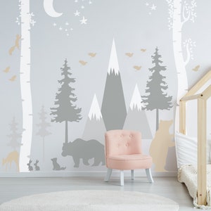 Mountains Stickers Woodland Birch Tree Wall Decal Baby Room Sticker Forest Nursery Theme Pine Tree Boy Girl Pattern for Kids Toddlers Room