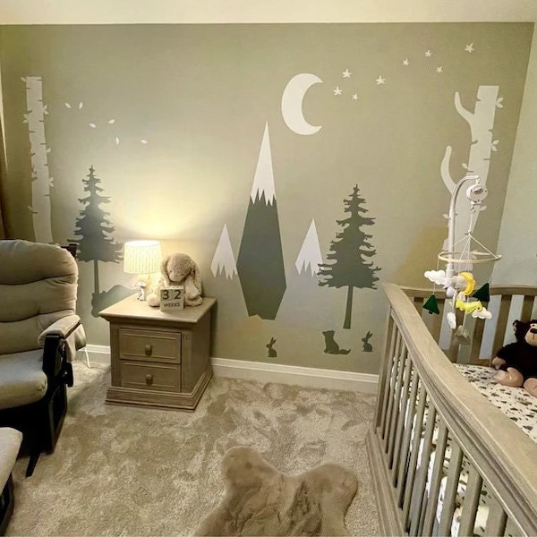 Mountains Stickers Woodland Birch Tree Wall Decal Baby Room Sticker Forest Nursery Theme Pine Tree Boy Girl Pattern for Kids Toddlers Room