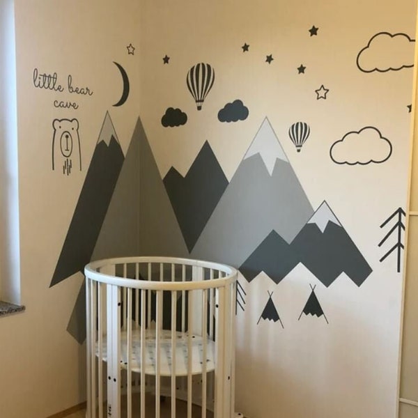 Gray Mountains Wall Decal Baby Room Crib Decor Nursery Mountain Sticker Boy Girl Kids Toddler Room Wall Stickers Self Adhesive