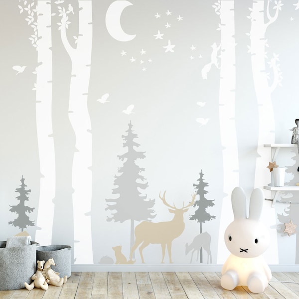 Mountains Stickers Woodland Birch Tree Forest Deer Walking Bea Wall Decal Baby Room Sticker Nursery Pine Tree Boy Girl Kids Toddlers Room