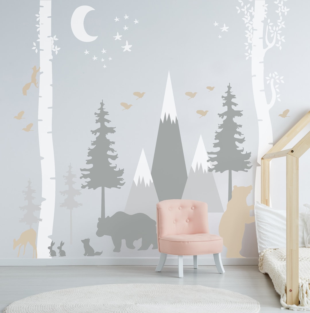 Sticker Babby Tree Mountains Stickers Woodland Birch Tree Wall Decal Baby Room Sticker ...