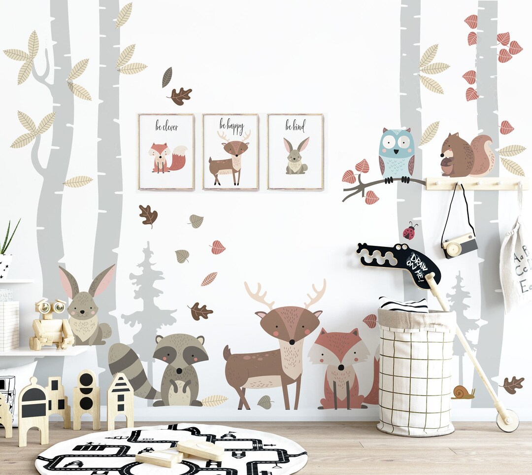 Woodland Wall Decal Forest Animals Nursery Decor Birch Tree Etsy