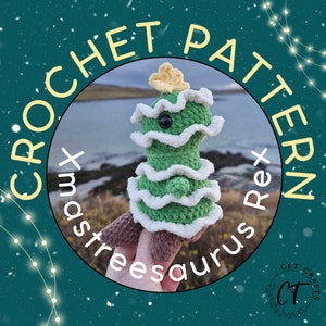 May include: Crochet pattern for a green and white Christmas tree dinosaur amigurumi toy. The pattern is called "Xmasaurus Rex".