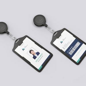 Tarjeta de identificación de personal con código de barras, plantilla de tarjeta de identificación con fotografía editable, tarjeta de identificación de empleado, credencial de oficina imprimible, tarjeta de identificación simple, tarjeta de identificación médica