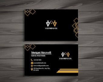 Luxury Business Card Black Gold Diamonds, Business Card Template, Editable Business Card, Minimalist Business Cards, Elegant Business Cards