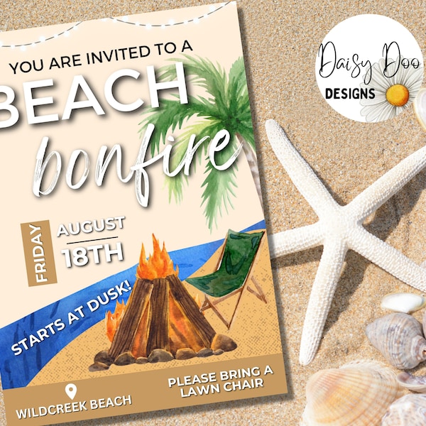 Beach Bonfire Invitation, Beach Bonfire, Beach Party Invite, Bonfire Party Invite, Beach Invitation, Digital Download