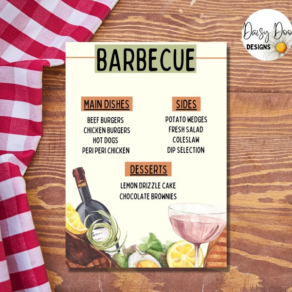 BBQ Menu - Editable Backyard Barbecue Menu Card Template, Birthday, Printable, Picnic Menus, Instant Download Menu